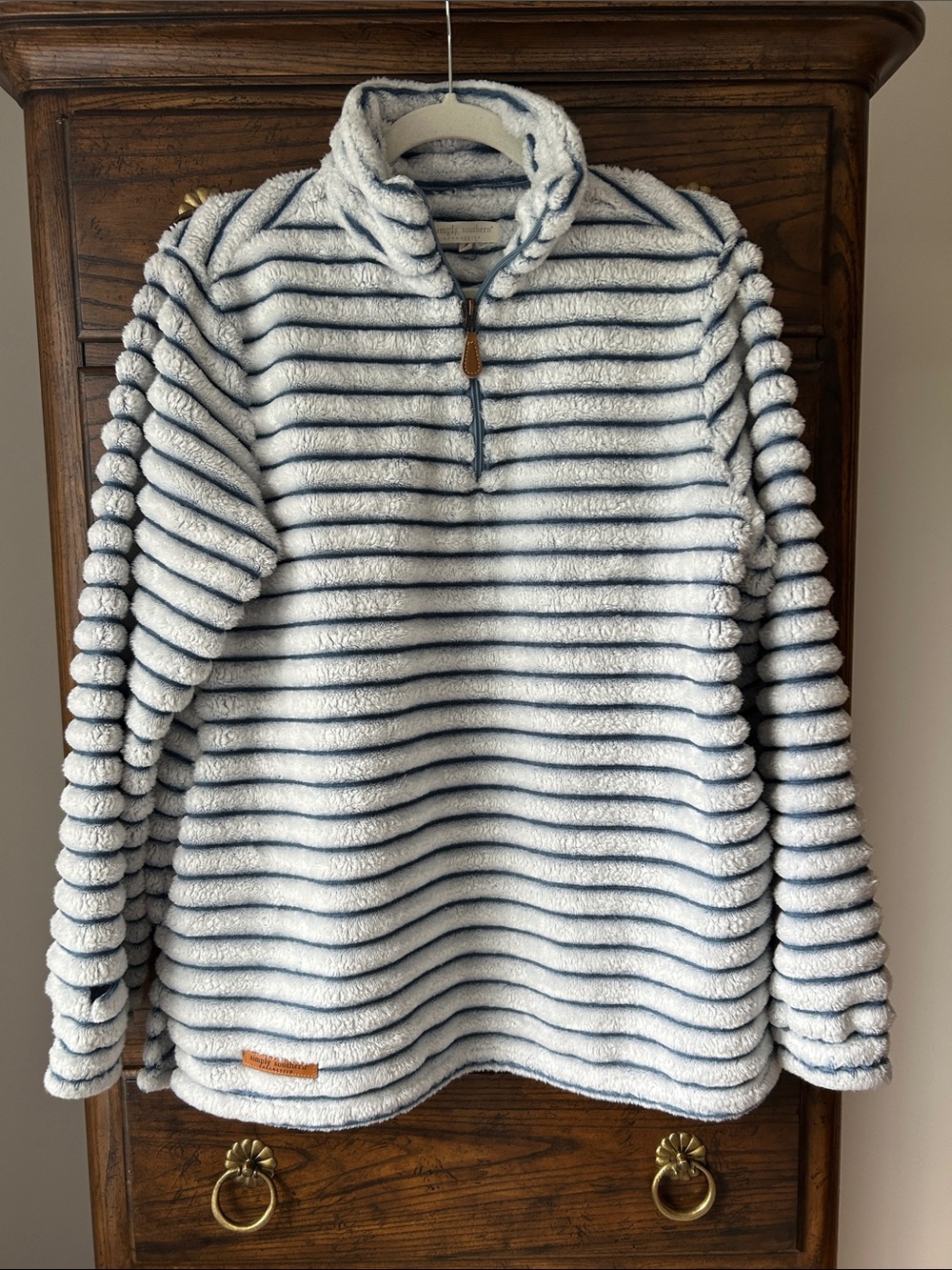 Simply Southern Plush Striped Half-Zip Jacket - White & Navy, Size S